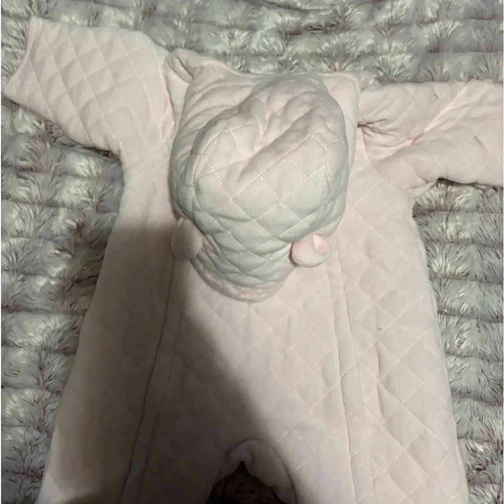 Little Me Blush Pink Bear Quilted Hooded Double Zip Footed Insulated Pram 6-9m
